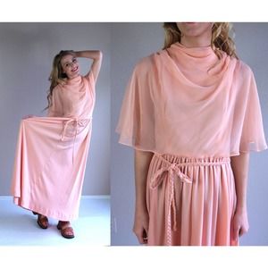 vintage 70s Peach CAPE Grecian Goddess MAXI DRESS Small boho gown ethereal flowy